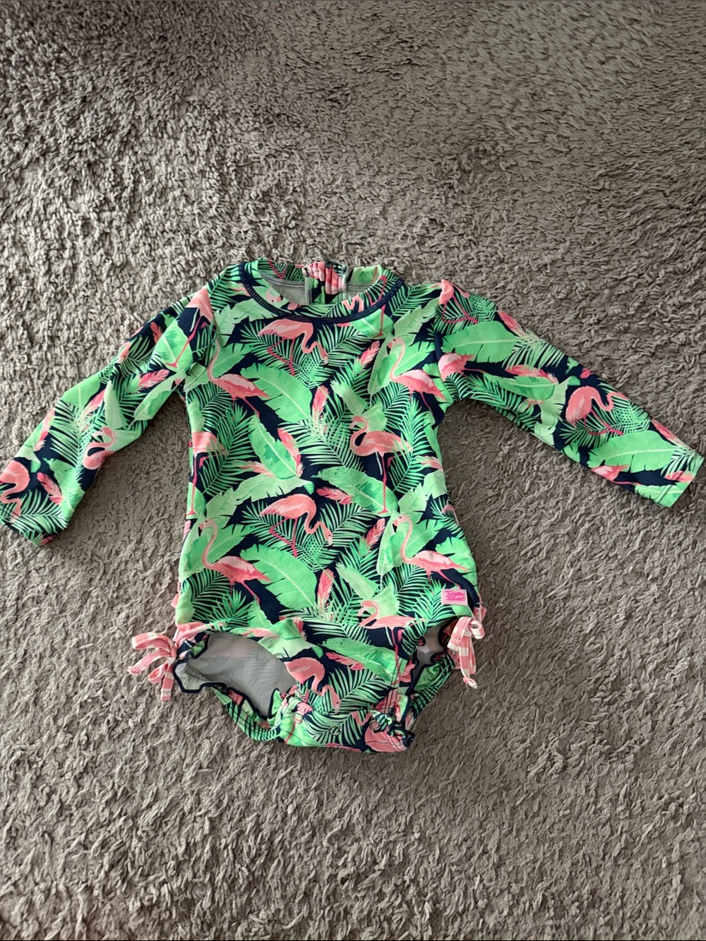Ruffle Butts Neon Green & Pink Flamingo One-Piece
